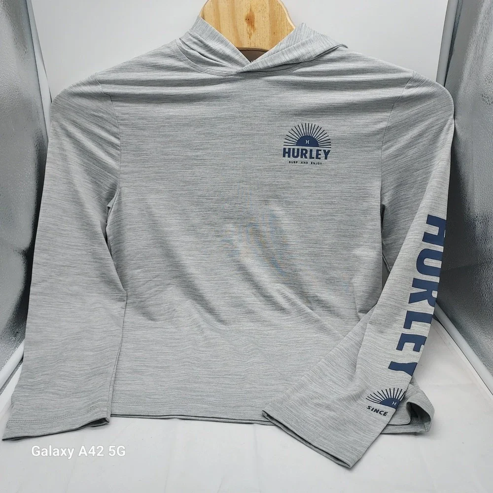 Hurley Mens Small Grey Long Sleeve Hooded Sun Shirt Rash Guard Surf and Enjoy